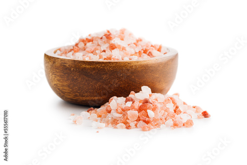 Pink himalayan salt in bowl isolated on white background.