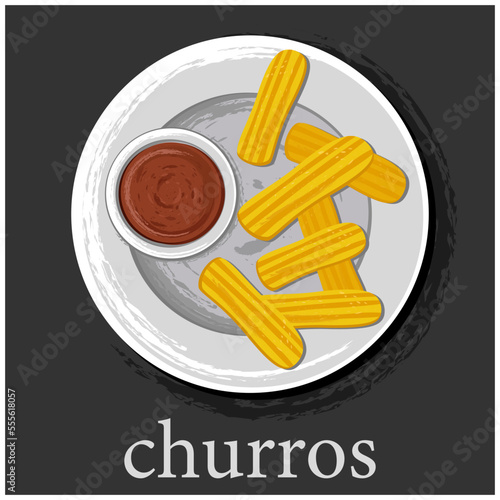 A stick of churros on a plate with chocolate sauce.