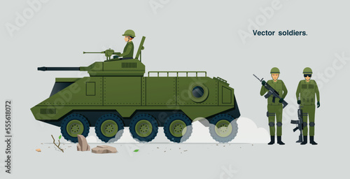 Soldiers with guns and tanks against a gray background.