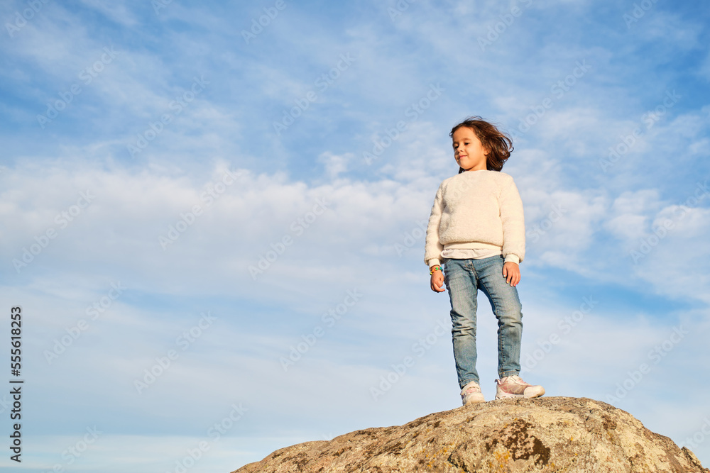 Naklejka premium girl with curly hair and casual clothes standing on a rock looking at the horizon