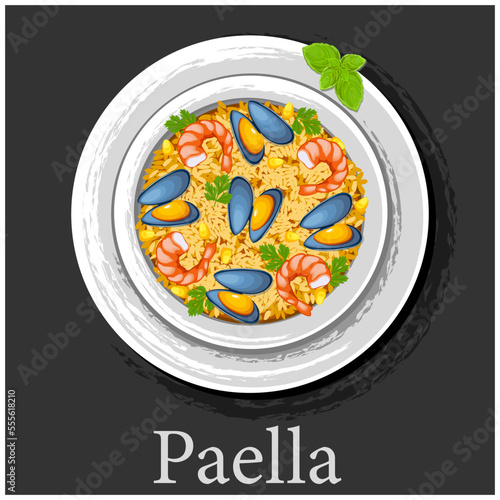 Paella with seafood. Traditional Spanish dish paella with shrimp. Latin American cuisine.