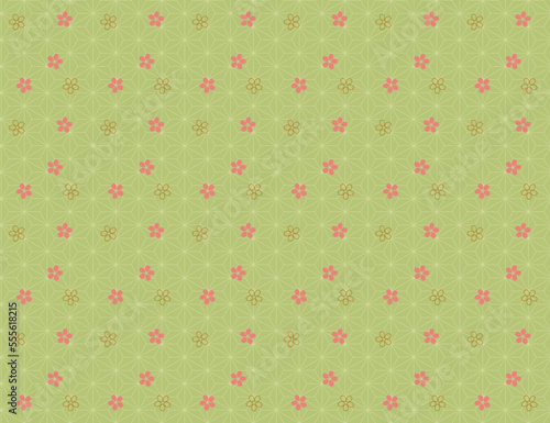 麻の葉文様と桜の和柄シームレスパターン 黄緑
