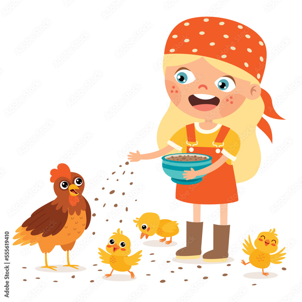 Cartoon Kid Feeding Chicken And Chicks Stock Vector | Adobe Stock