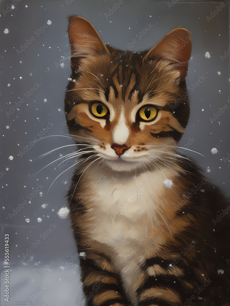 Generative AI oil painting of a christmas winter bengal cat, snowy scene, illustration, calendar, postcard, feline