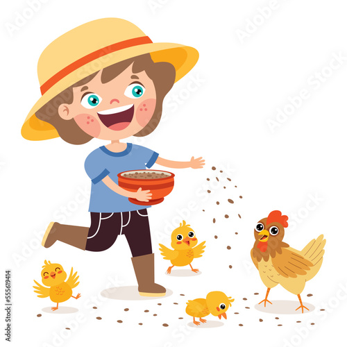 Cartoon Kid Feeding Chicken And Chicks
