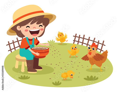 Cartoon Kid Feeding Chicken And Chicks