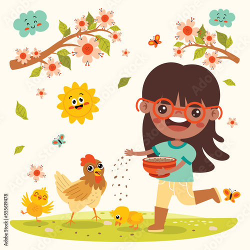 Cartoon Kid Feeding Chicken And Chicks
