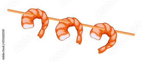 Grilled shrimp on a wooden stick isolated on a white background.
