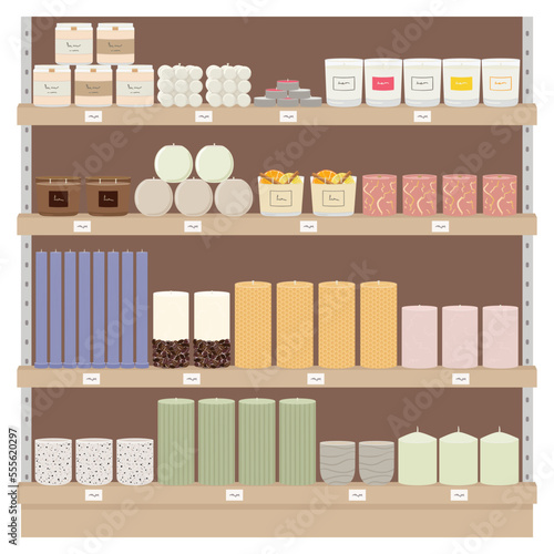 Set of scented candles on shelves in supermarket. Beeswax, paraffin, soy, coconut wax candles in jar, containers and pillar. Aroma candles collection. Hand draw vector illustration