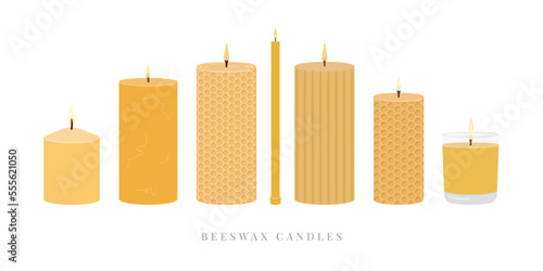 Set of scented burning candles. Beeswax candles in jar, pillar.  Home decorative natural candles. Aroma candles collection. Zero waste eco gifts. Hand draw vector illustration isolated on white