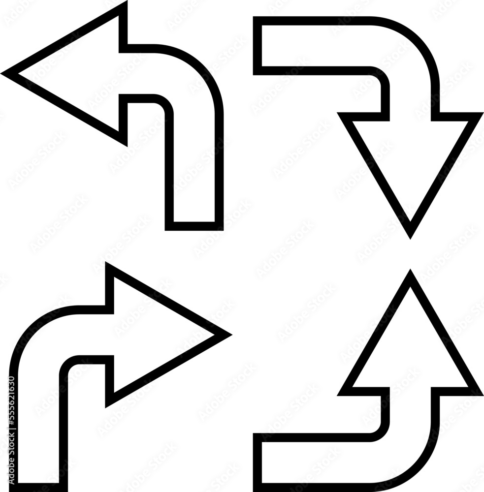 Arrows with black outline, vector. Arrows with a black outline on a white background. Right, left, up, down. Arrows with black outline, vector. Arrows with a black outline on a white background. Right, left, up, down.