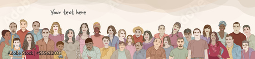 Group people diversity men women children teenagers senior.Various people of different ages. Diverse cultures. Racial equality concept. Multicultural society. Allyship. Banner copy space © melita