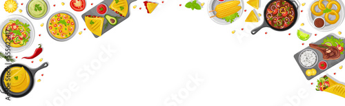 A combination of traditional Mexican dishes on the table, top view.