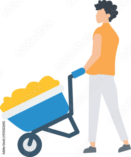 Man with gold cart, Golden miners. Digger characters find minerals and gold working in tunnels digging
