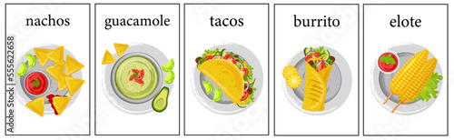 A combination of traditional Mexican dishes on the table, top view.