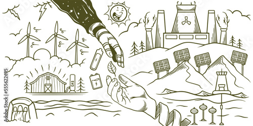 Hand drawn of save earth renewable energy ecology doodle set elements.
