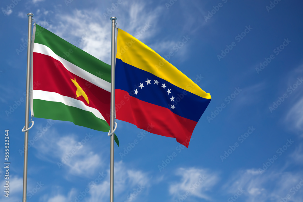 Republic of Suriname and Bolivarian Republic of Venezuela Flags Over Blue Sky Background. 3D Illustration Republic of Suriname and Bolivarian Republic of Venezuela Flags Over Blue Sky Background. 3D Illustration