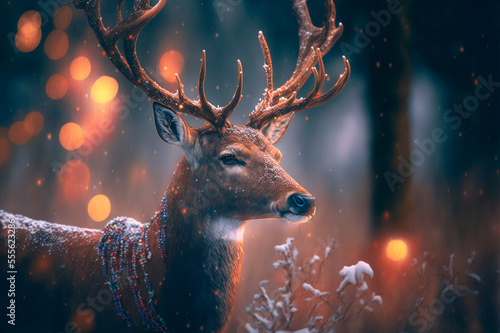 Beautiful deer standing in a winter forest against a backdrop of defocused bokeh