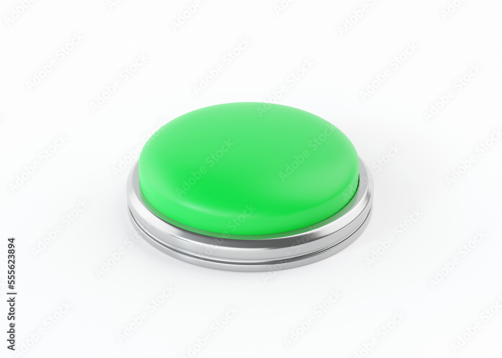 Alarm button 3d render icon - start green simple circle with switch sign, round shutdown metal element Alarm button 3d render icon - start green simple circle with switch sign, round shutdown metal element