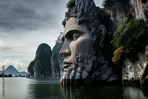 A giant rock head sculptor. island. Generative AI © Gasi