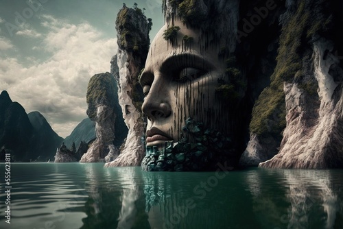 A giant rock head sculptor. island. Generative AI © Gasi