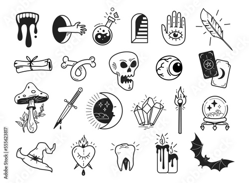 Esoteric witchcraft magical set, hand drawn mystery collection: skull, crystal, tarot cards, potion etc. Vector icons on white background