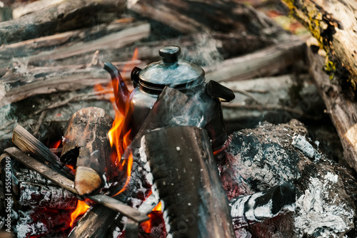 Old kettle in bushcraft camping