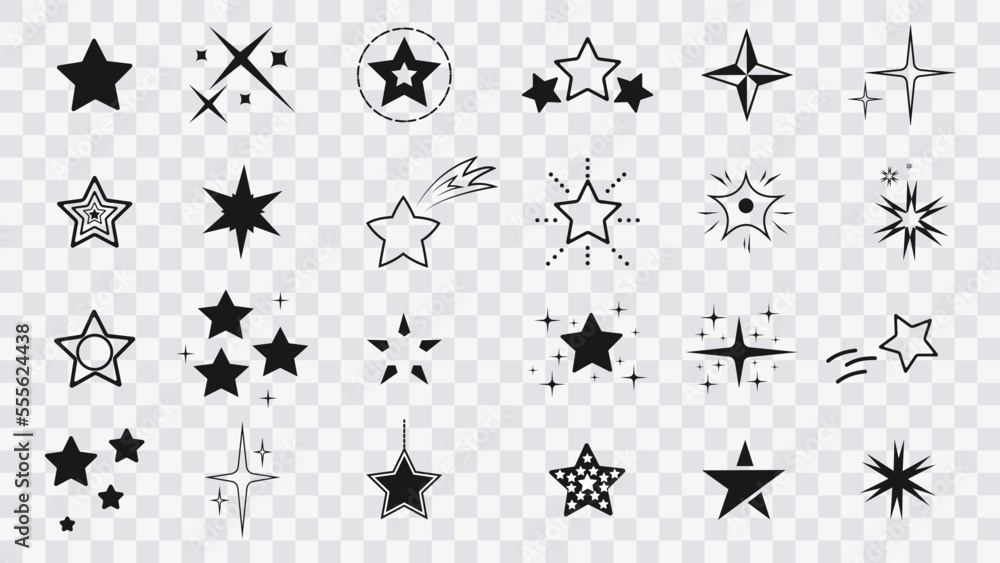 Naklejka premium Сollection of original vector stars, icons. Bright firework, decoration twinkle, shiny flash. Star icon set on transparent background. Glowing light effect stars and bursts collection. Vector