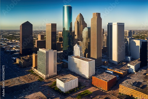 Aerial panorama of downtown Houston skyline as seen from the northeast side of town. New building construction can be seen in the early morning light photo. Generative AI photo