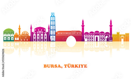 Colourfull Skyline panorama of city of Bursa, Turkiye - vector illustration