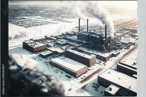aerial view industrial cityscape winter time. Generative AI