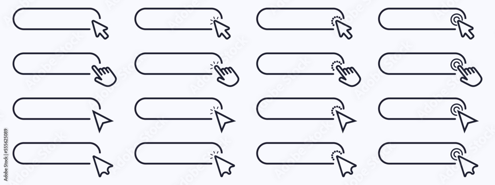 Click cursor set button with hand pointer clicking. Click here web button sign. Isolated website buy or register bar icon with hand finger arrow clicking cursor - obrazy, fototapety, plakaty 