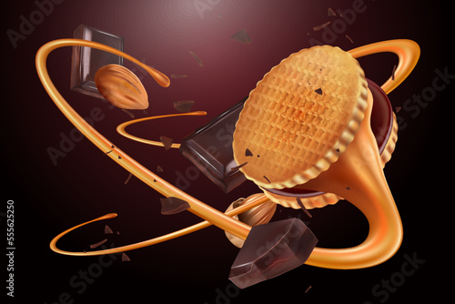 Wafer biscuits chocolate with caramel flying in the middle isolated on solid color background. Vector realistic in 3d illustration.