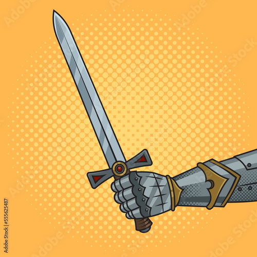 knight hand with sword pinup pop art retro vector illustration. Comic book style imitation.