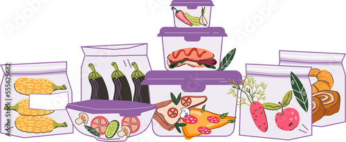 Food storage to reduce food waste concept. Meal leftover packed in containers and zip bags.