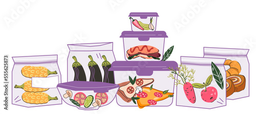 Food storage to reduce food waste concept. Meal leftover packed in containers and zip bags, flat cartoon hand drawn vector illustration isolated on white background. photo
