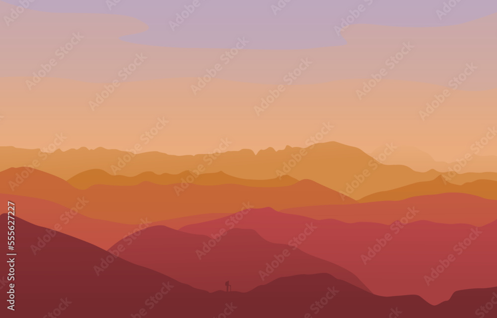 Sunrise in the mountains. Silhouette of a climber on a background of mountains. Perfect for website, social media, desktop, wallpapers, postcards.