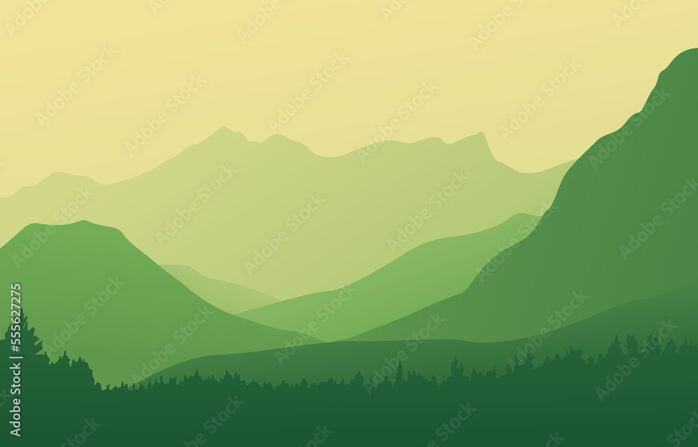 Coniferous forest against the backdrop of mountains. Green color. Vector illustration. Suitable for website, social media, desktop, wallpapers, postcards.
