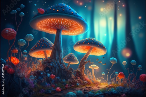 Magical mashroom in fantasy enchanted fairy tale forest with lots of brighness and lighting.