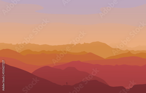 Sunrise in the mountains. Silhouette of a climber on a background of mountains. Perfect for website, social media, desktop, wallpapers, postcards.