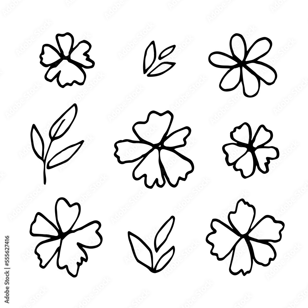 Fototapeta premium Simple hand drawn black outline vector illustration. Various abstract flowers, leaves and twigs. Sketch in ink. To create patterns, decoration.