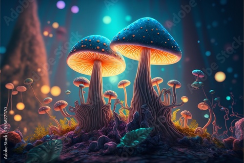 Fotografia Magical mashroom in fantasy enchanted fairy tale forest with lots of brighness and lighting