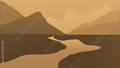 River in the mountains. Mountain landscape illustration. Brown color. Background for the site, social networks, desktop.