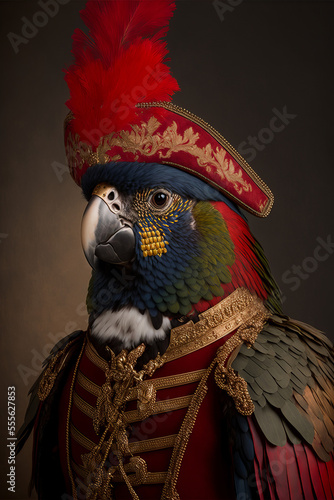 Obraz na płótnie An exotic parrot wearing a traditional military uniform
