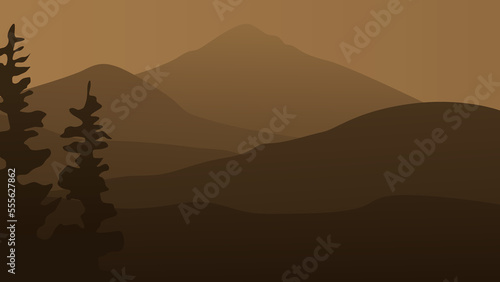 Late evening in the mountains. Spruce against the backdrop of a mountain range. Brown color. Background for the site  social networks  desktop.