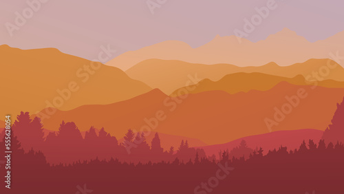 Forest in the mountains at dawn. Vector illustration. Suitable for website  social media  desktop  wallpapers  postcards.