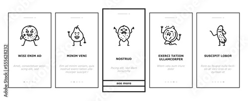 fruit character funny food onboarding mobile vector. happy orange, face strawberry, healthy lemon, smile apple, comic pineapple, banana fruit character funny food illustrations