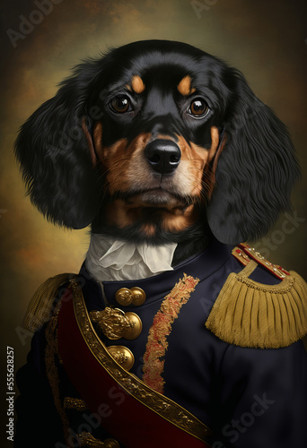 A portrait of a dog wearing historic military uniform. Pet portrait in clothing. Generative ai photo