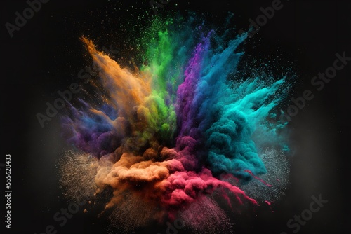 Holi colorful background for design. Color explosion powder texture on a full black background.