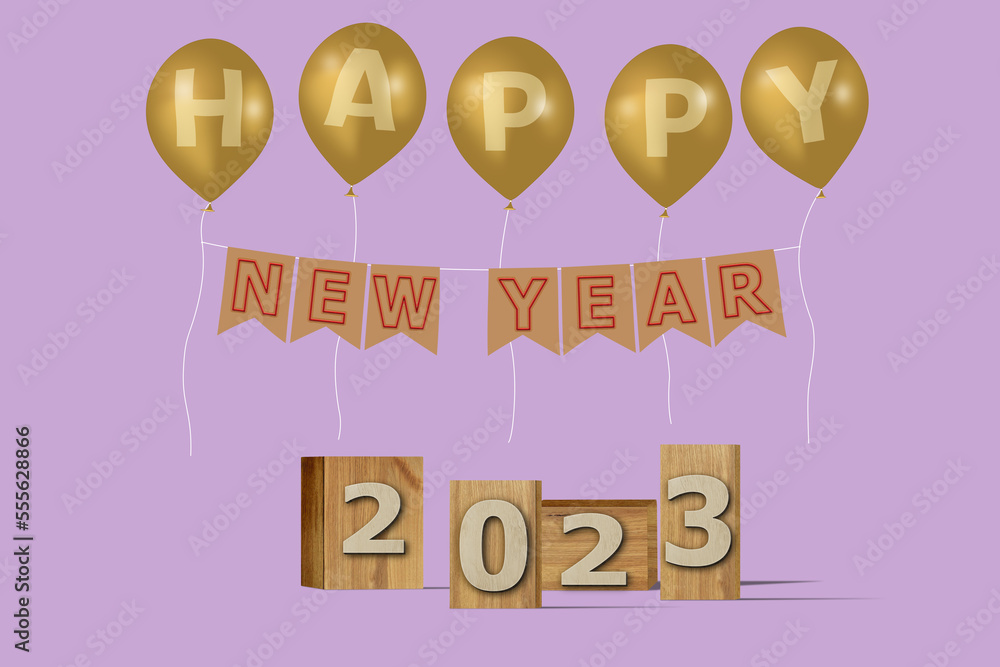 3D illustration New Year concept 2023 design with text on the wooden box and balloons on a purple rose color background.